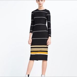 Zara Stripped Midi Dress Black and Mustard